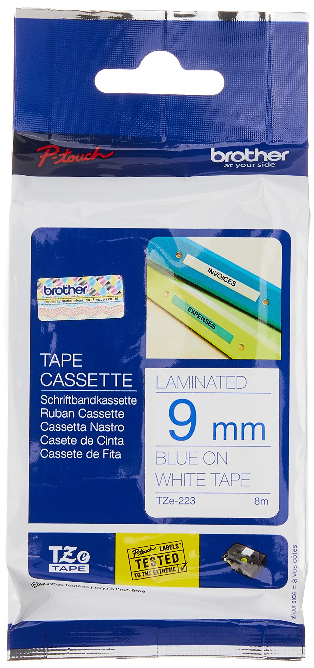 Brother Genuine TZe-223 9mm Standard Laminated Label, Blue on White Tape, 8M Length