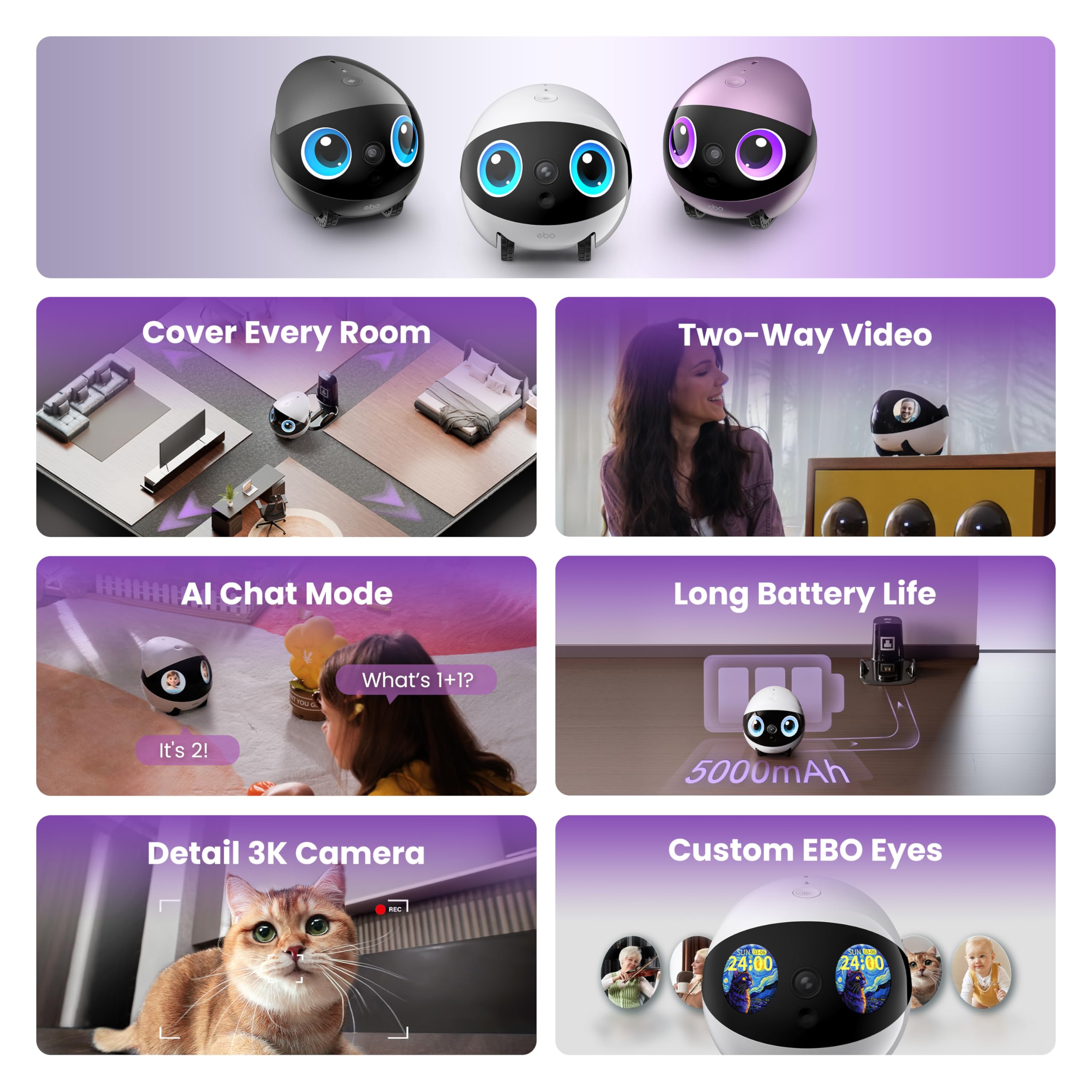 Enabot EBO Air 2 Plus Family Bot 3K Home Camera Robot: Indoor Camera, Mobile Robot Companion, Two-Way Video, AI Chat Mode, Auto Charging, Long Battery Life, Custom Face Portrait, Night Vision