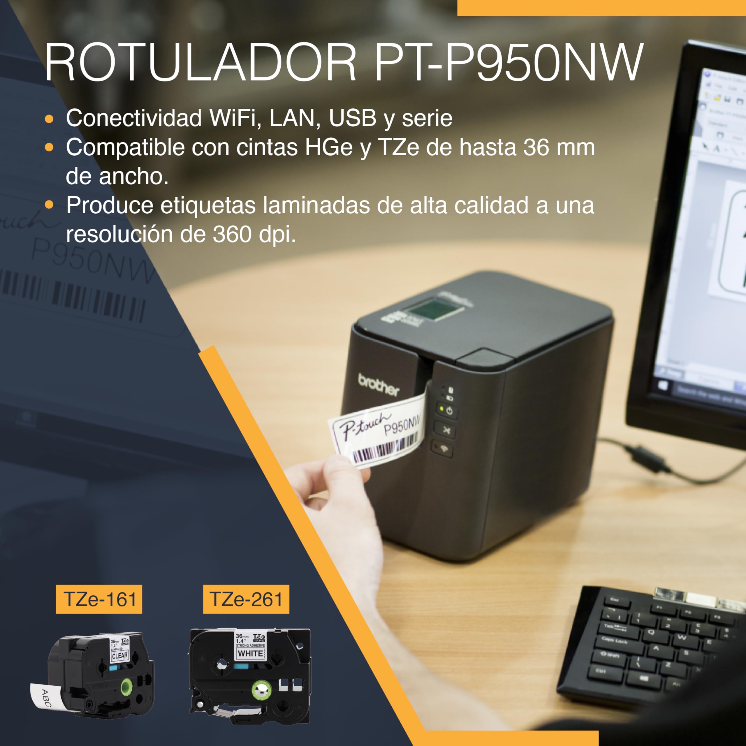 برذر طابعة ملصقات اسود و ابيض - PT-P950NW