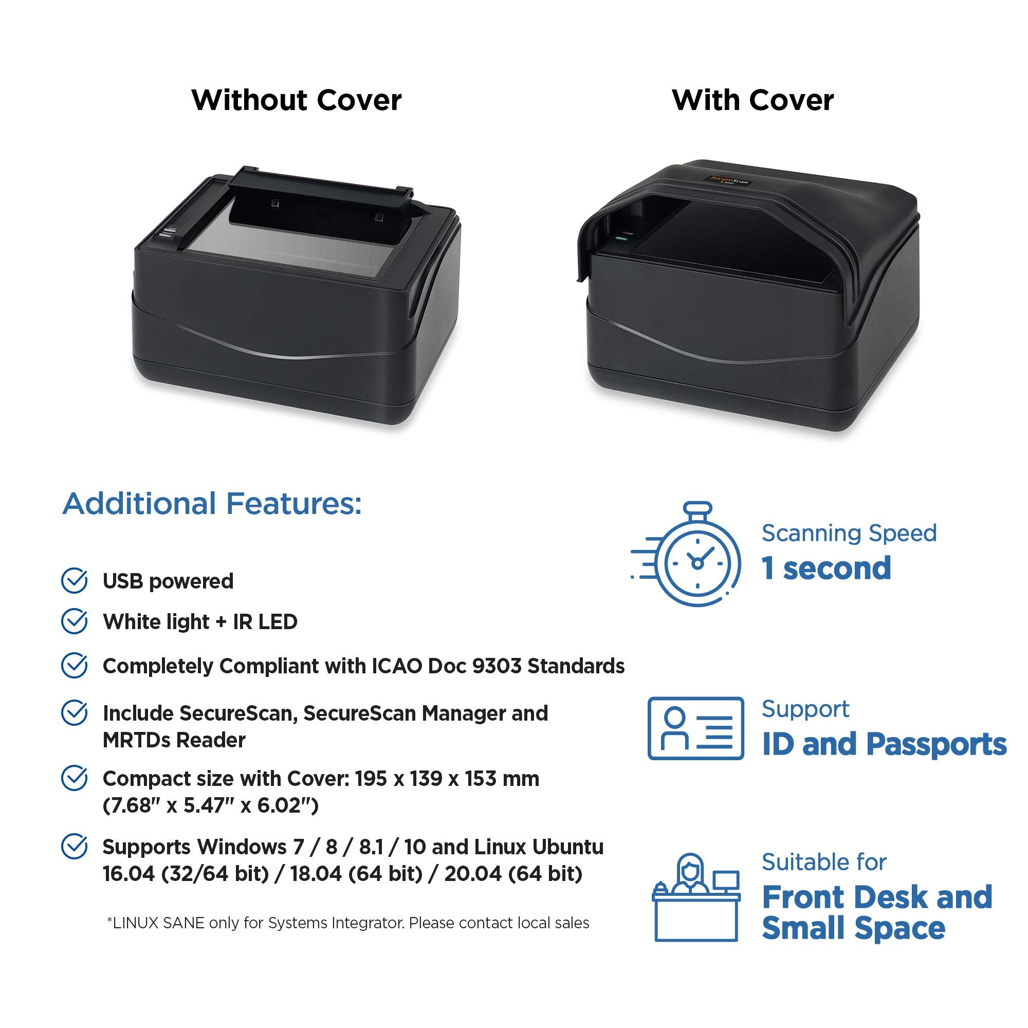 Plustek X Mini Passport Scanner, Compatible with ICAO Doc 9303 Standard with Fast Recognition Speed Scanner Reader