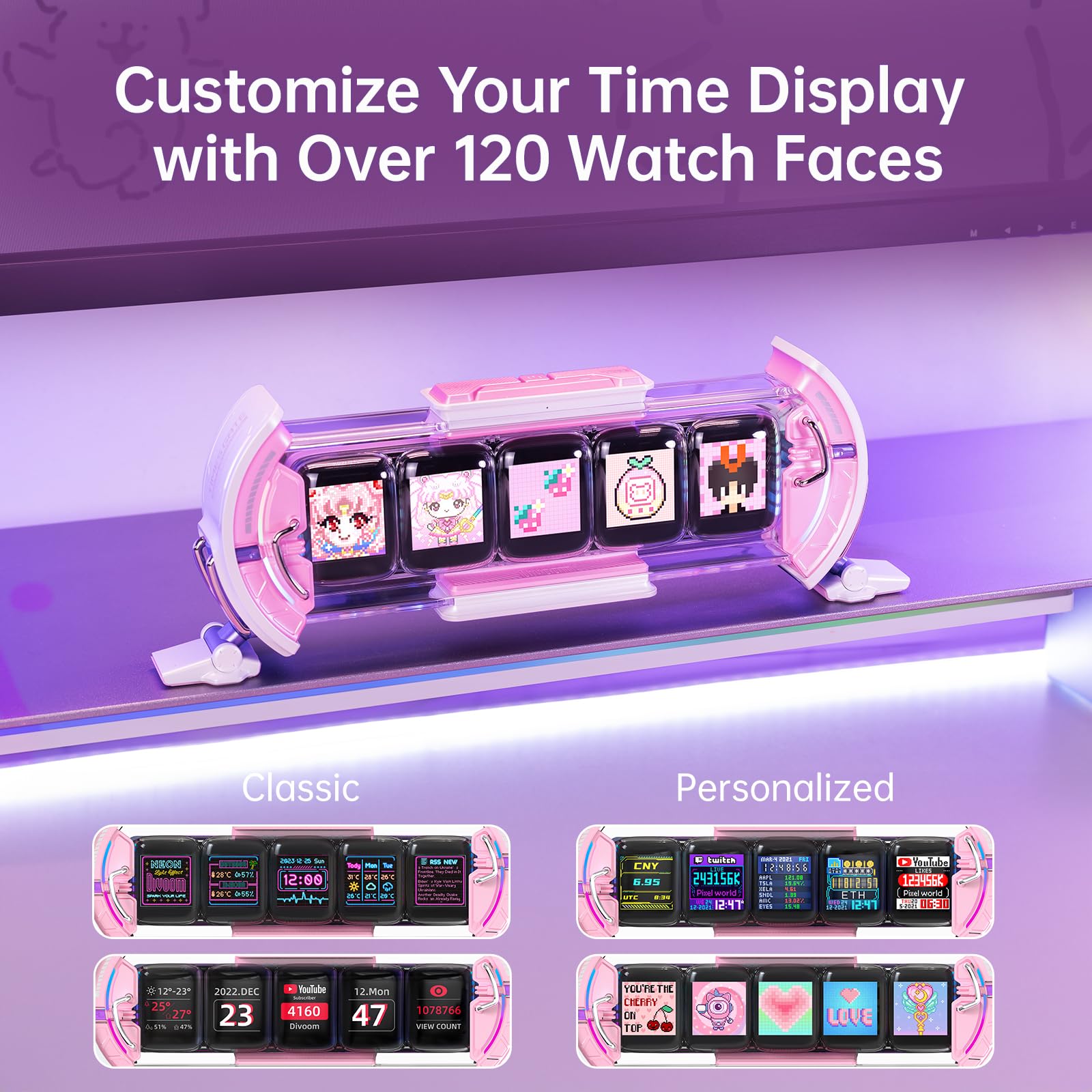 Divoom Times Gate - Cute Gaming Digital Clock with Smart App Control, Supports Weather Forecast, Stock Market/Exchange Rate, Social Media, Pixel Art Display for Gaming and Home Office Decor (Pink)