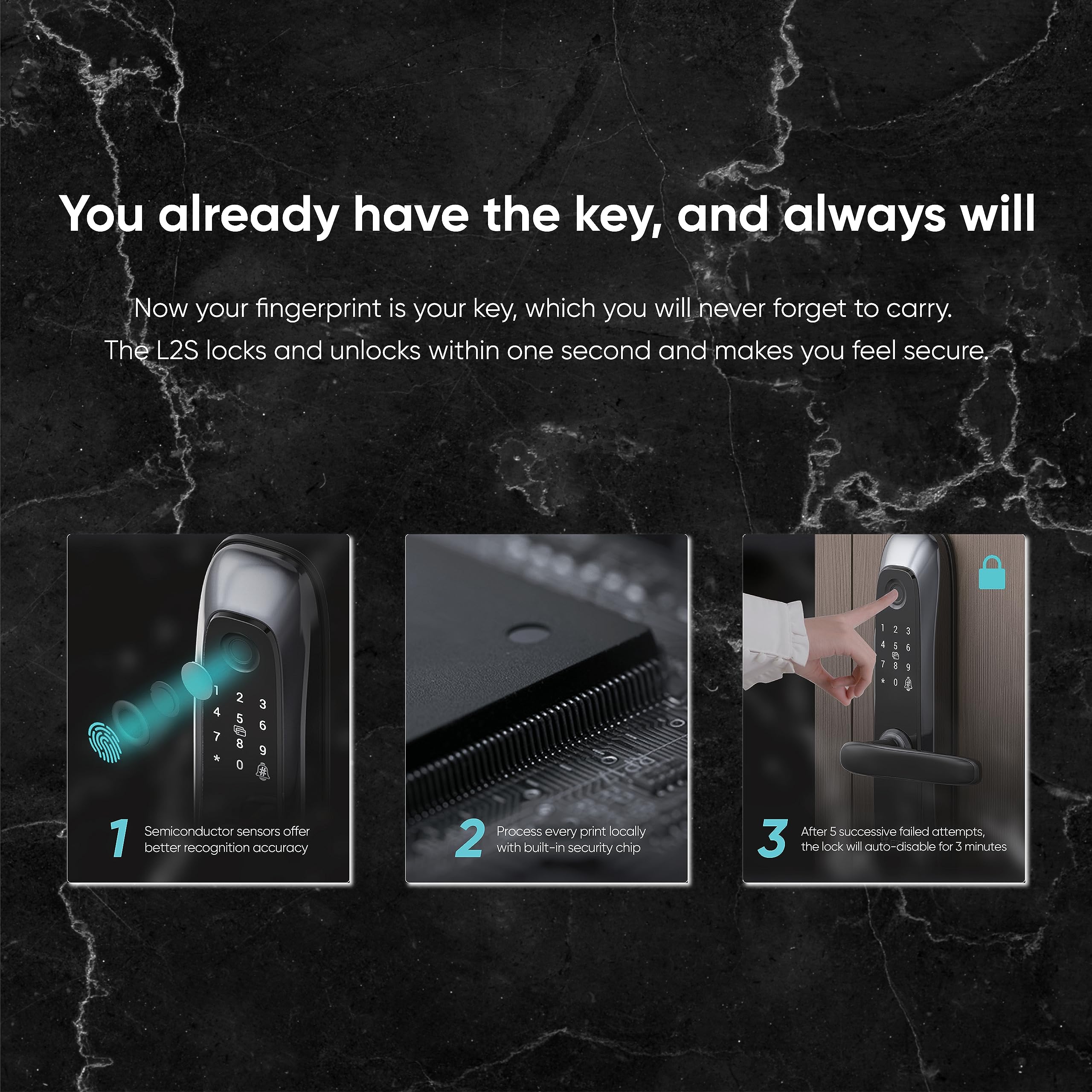 EZVIZ L2S Smart Fingerprint Lock, Keyless Lock with Four Unlocking Methods, Real-Time Mobile Alerts, Built-In Electronic Doorbell, Anti-Tamper Alarm, Low Battery Warning, Easy User Management