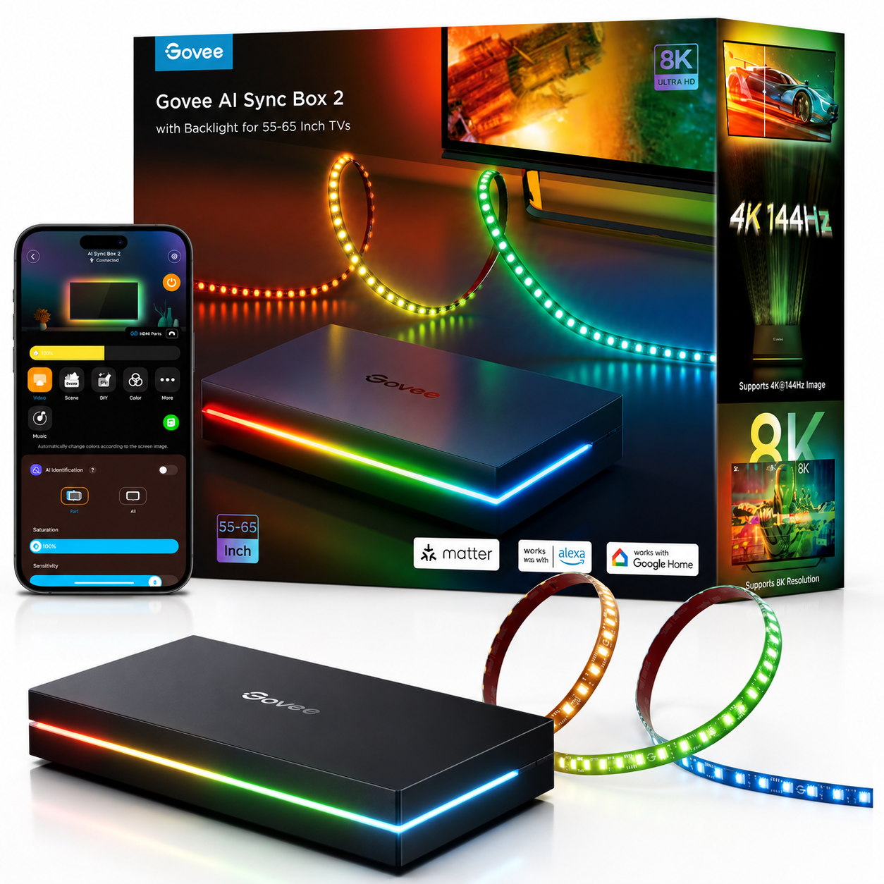 Govee HDMI 2.1 Sync Box 2, AI Sync Box with TV Backlight, Supports 8K@60Hz, 4K@144Hz, VRR and ALLM, Works with Matter and Alexa, RGBIC LED Light Strip for 55-65 inch TVs, 75 LEDs/m