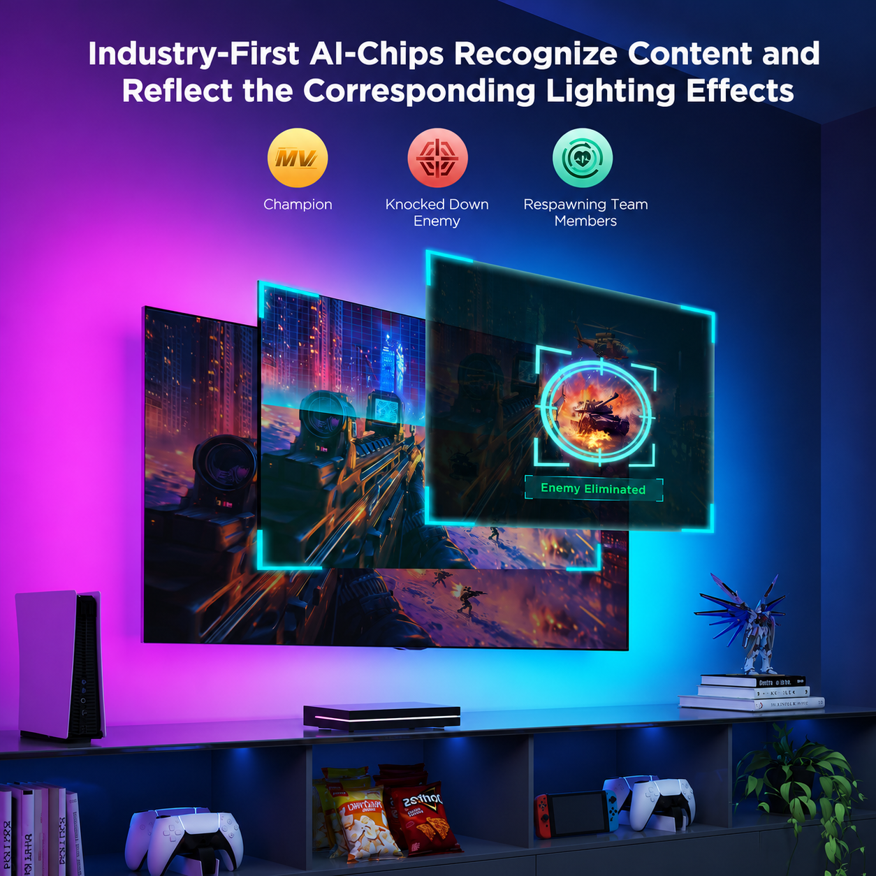 Govee HDMI 2.1 Sync Box 2, AI Sync Box with TV Backlight, Supports 8K@60Hz, 4K@144Hz, VRR and ALLM, Works with Matter and Alexa, RGBIC LED Light Strip for 55-65 inch TVs, 75 LEDs/m