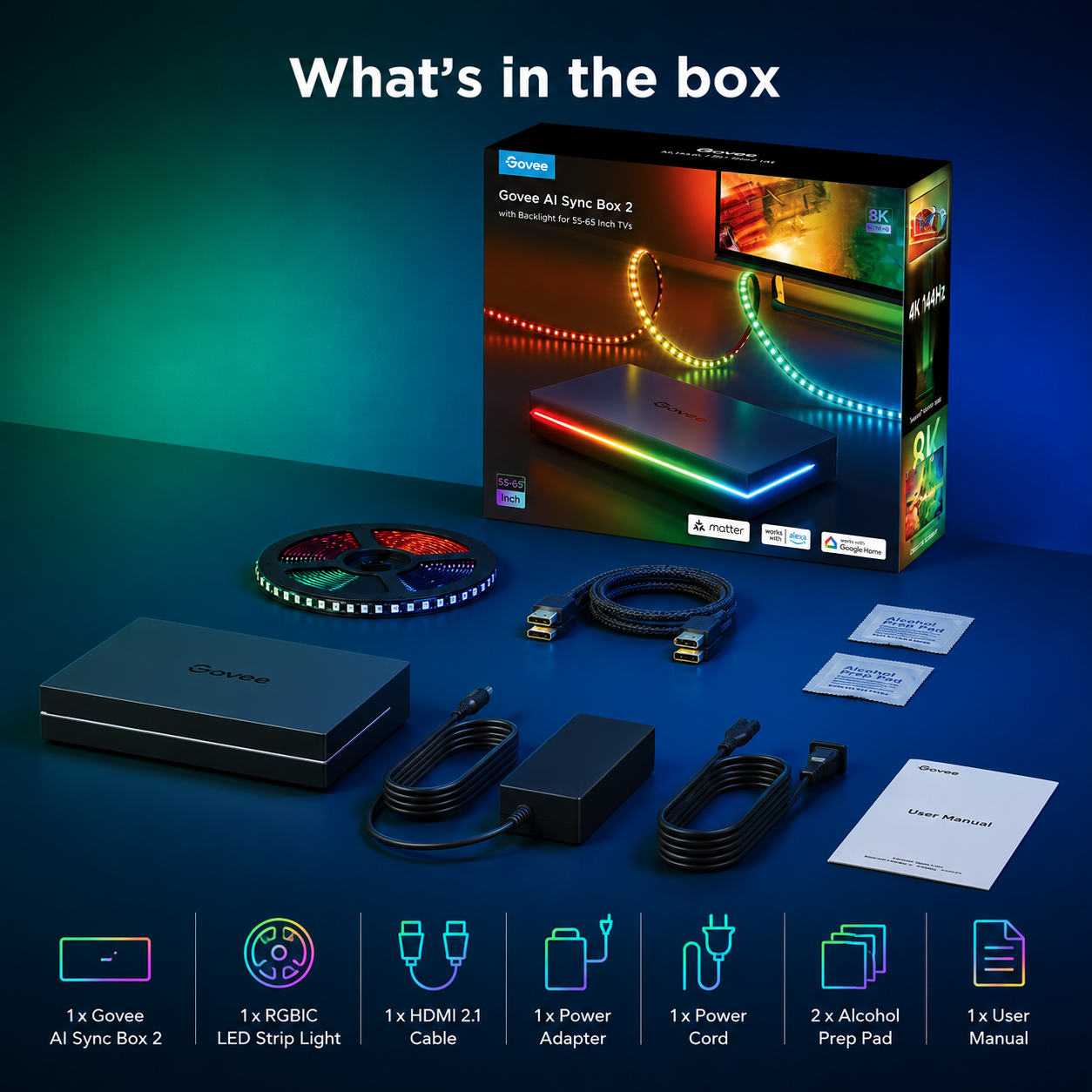 Govee HDMI 2.1 Sync Box 2, AI Sync Box with TV Backlight, Supports 8K@60Hz, 4K@144Hz, VRR and ALLM, Works with Matter and Alexa, RGBIC LED Light Strip for 55-65 inch TVs, 75 LEDs/m