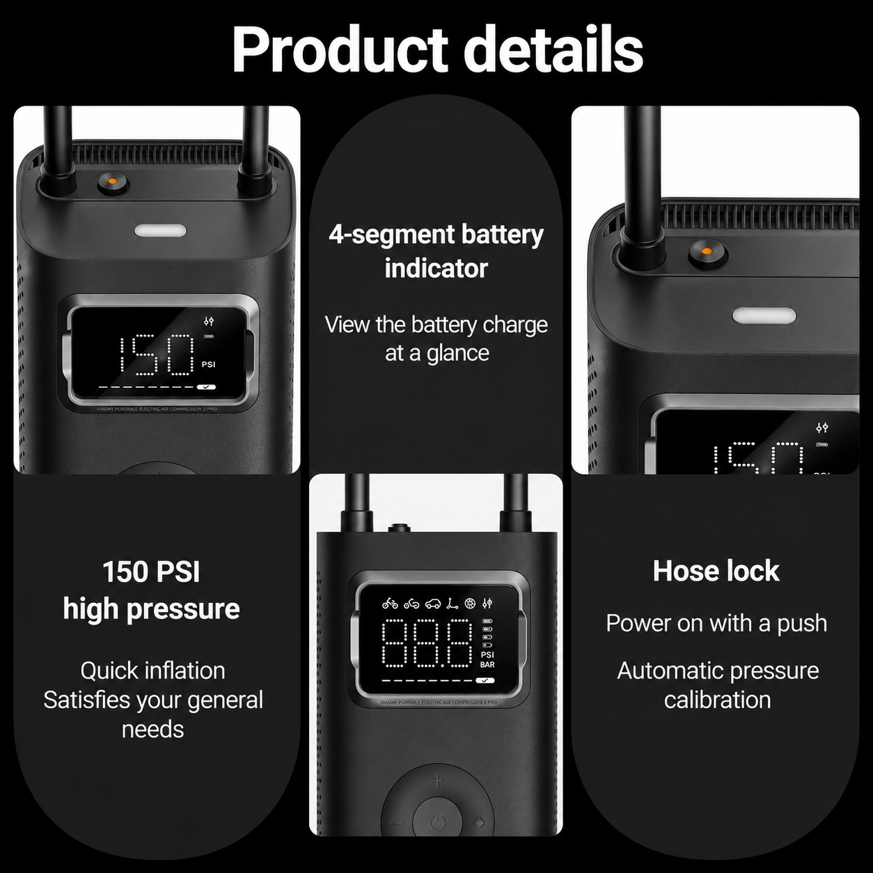 XIAOMI Portable Electric Air Compressor 2 Pro 150 PSI, Auto Shut-off, LED Light and 4 Modes 45s Fast Inflation, Pressure Display Electric Pump for Car/Motorcycle/Bicycle
