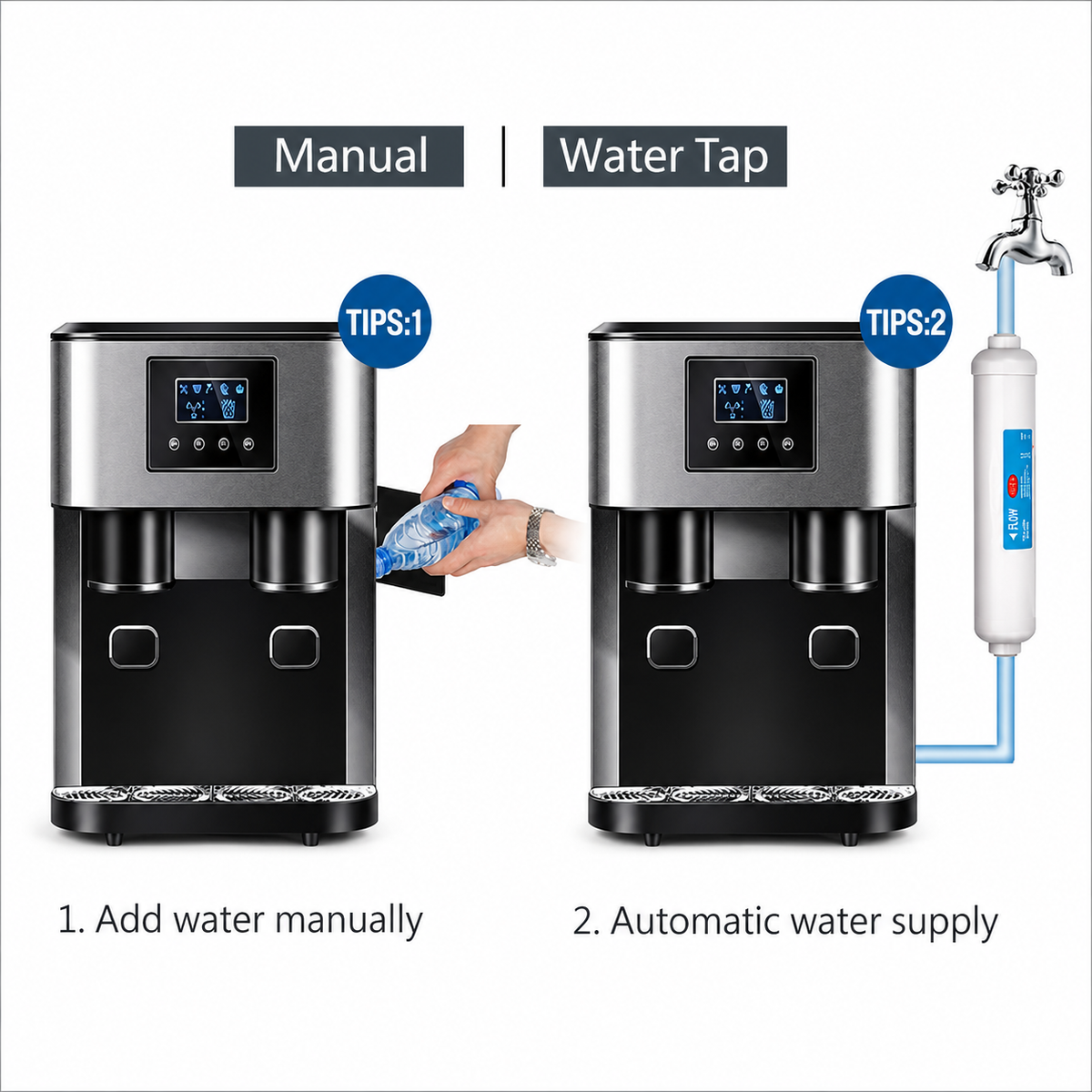 3-in-1 Ice Maker Machine – Fast Ice Cubes, Crushed Ice & Cold Water – Built-in Water Dispenser 18KG/24H, 150W Portable Automatic Ice Maker for Home, Office & Party | DLC-37563
