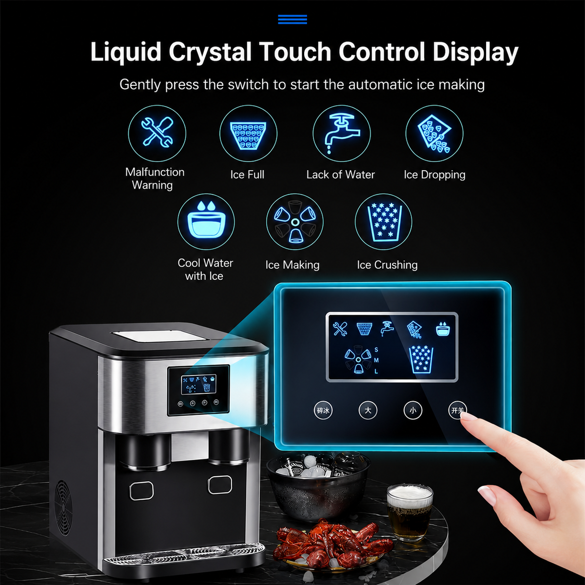3-in-1 Ice Maker Machine – Fast Ice Cubes, Crushed Ice & Cold Water – Built-in Water Dispenser 18KG/24H, 150W Portable Automatic Ice Maker for Home, Office & Party | DLC-37563
