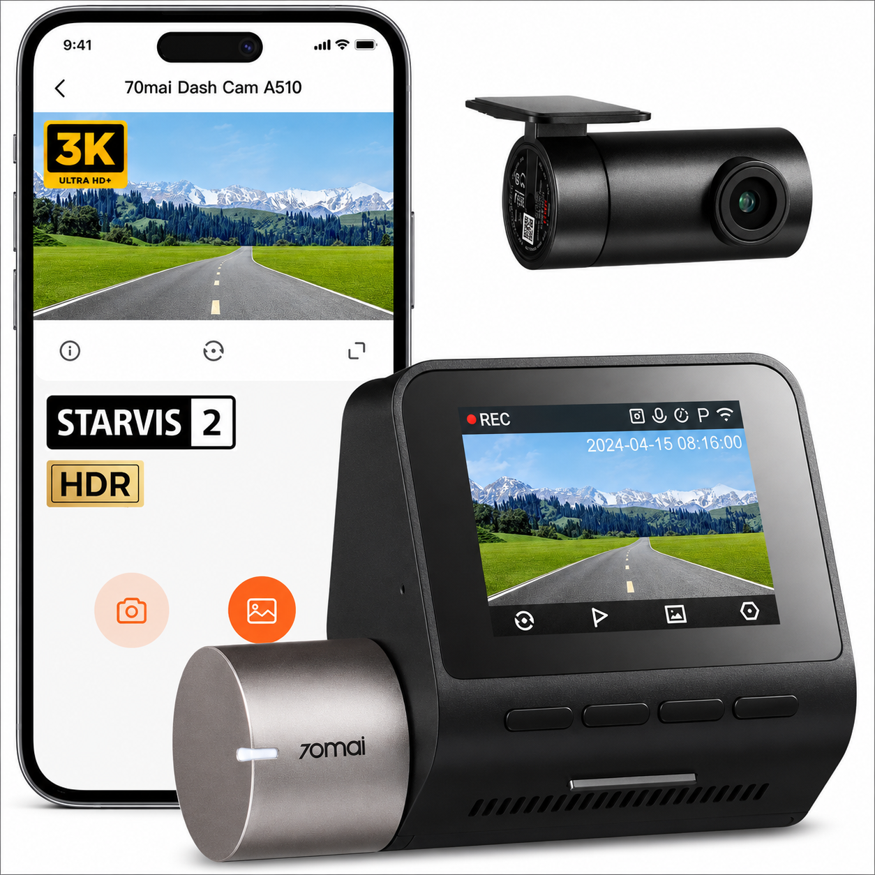 70mai A510 HDR 3K Dual Channel Dash Cam, STARVIS 2 IMX675 Sensor, ADAS, Built-in GPS Logger, Route Recorder, MaiColor Vivid+ with Night Owl Vision, App Playback & Share, Optional Parking Monitoring