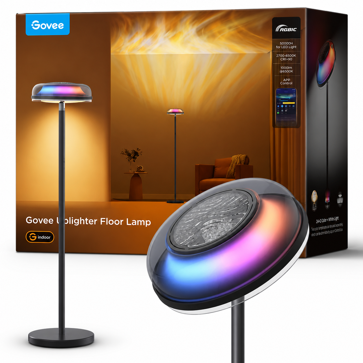 Govee Uplighter Floor Lamps Tri-Zone Independent, RGBIC Warm&Cold White Ripple Lighting Lamp Works with Matter and Alexa, 80+Scene Modes, 1000 LM, 2700-6500K, Ideal for Living Room, Bedroom, Office
