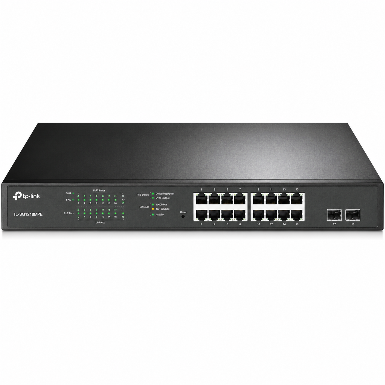 TP-Link TL-SG1218MPE 16-Port PoE+ Gigabit RJ45 ports, 2× Gigabit non-PoE RJ45 Ports and 2× Combo Gigabit SFP slots (16 PoE+ Ports + 2 Gigabit RJ45 Ports + 2 SFP slots, 250 W, Rackmount)