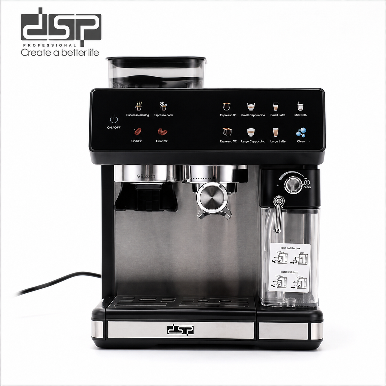 DSP KA3146 3-in-1 Espresso Coffee Machine | 20 Bar Pressure | Built-in Grinder, Milk Frother, 500ml Milk Tank | Touchscreen Control | Bean to Cup Coffee Maker