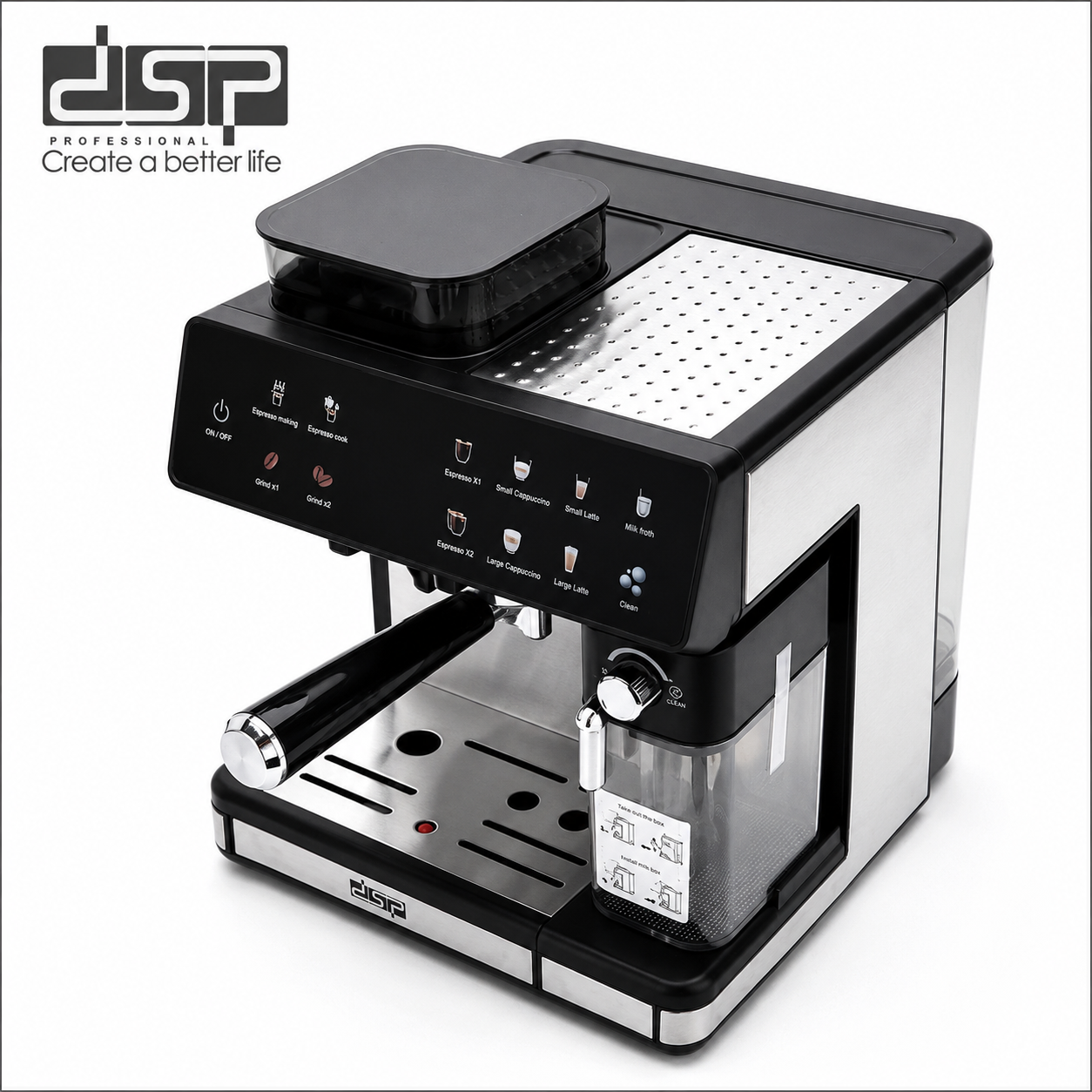 DSP KA3146 3-in-1 Espresso Coffee Machine | 20 Bar Pressure | Built-in Grinder, Milk Frother, 500ml Milk Tank | Touchscreen Control | Bean to Cup Coffee Maker