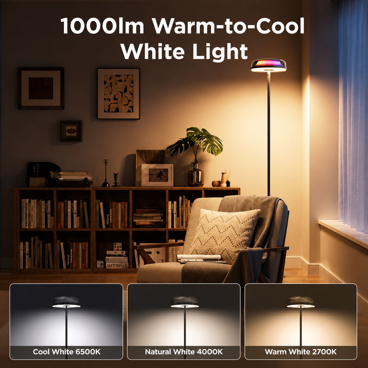 Govee Uplighter Floor Lamps Tri-Zone Independent, RGBIC Warm&Cold White Ripple Lighting Lamp Works with Matter and Alexa, 80+Scene Modes, 1000 LM, 2700-6500K, Ideal for Living Room, Bedroom, Office