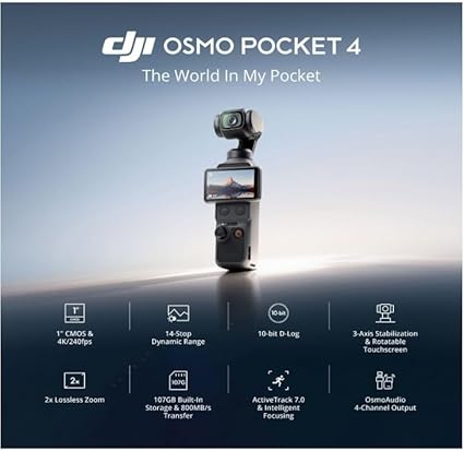 DJI Osmo Pocket 4 Standard Combo, Pocket Gimbal Vlog Camera, 1″ CMOS & 4K/240fps, 3-Axis, 2× Lossless Zoom, 107GB Built-in Storage, Mic 3 Transmitter, Osmo Mini Tripod. (DJI Osmo Pocket 4 Standard)