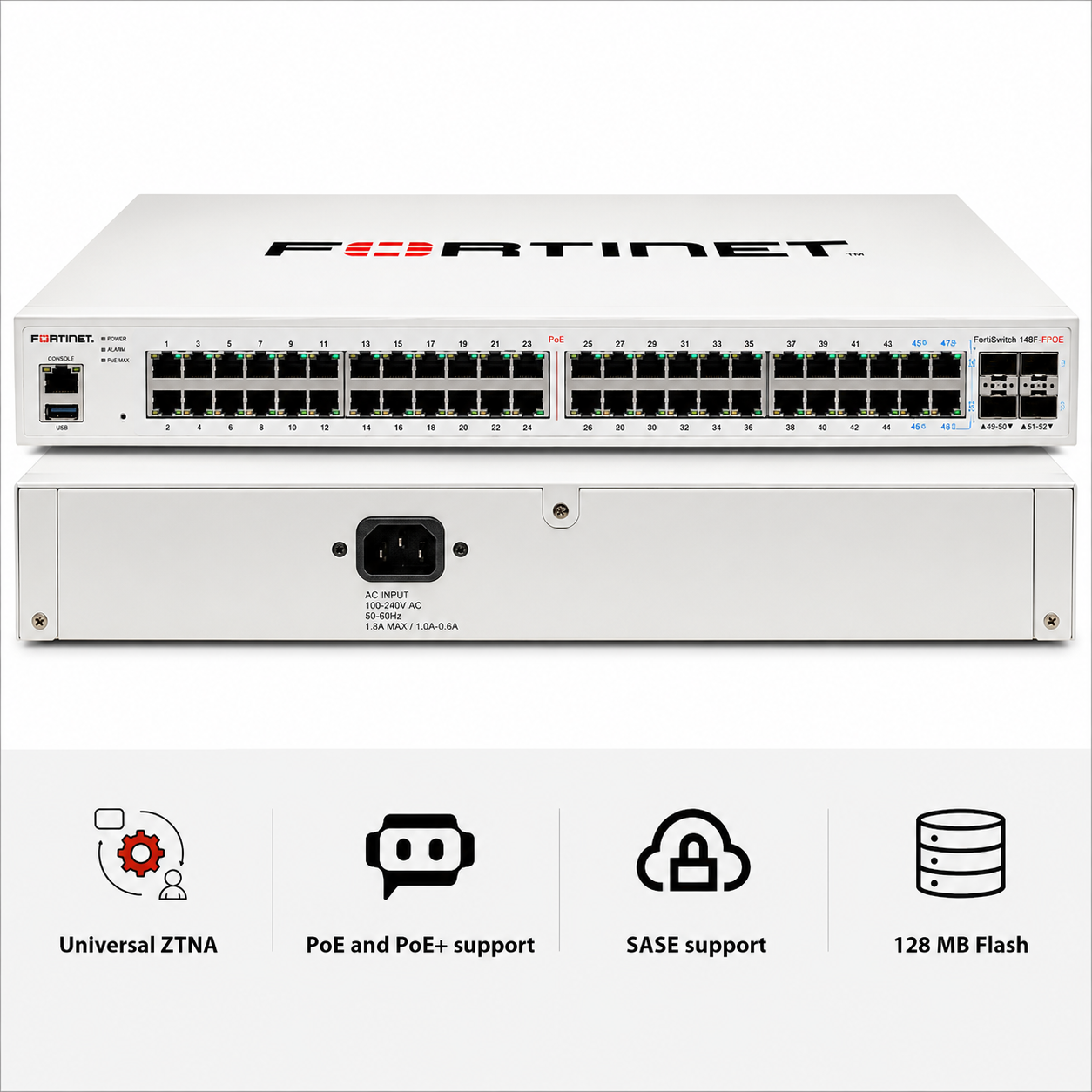 Fortinet FortiSwitch 148F-FPOE | 48-Port Gigabit PoE+ Managed Switch with 4× 10G SFP+ Uplinks & 740W PoE Budget