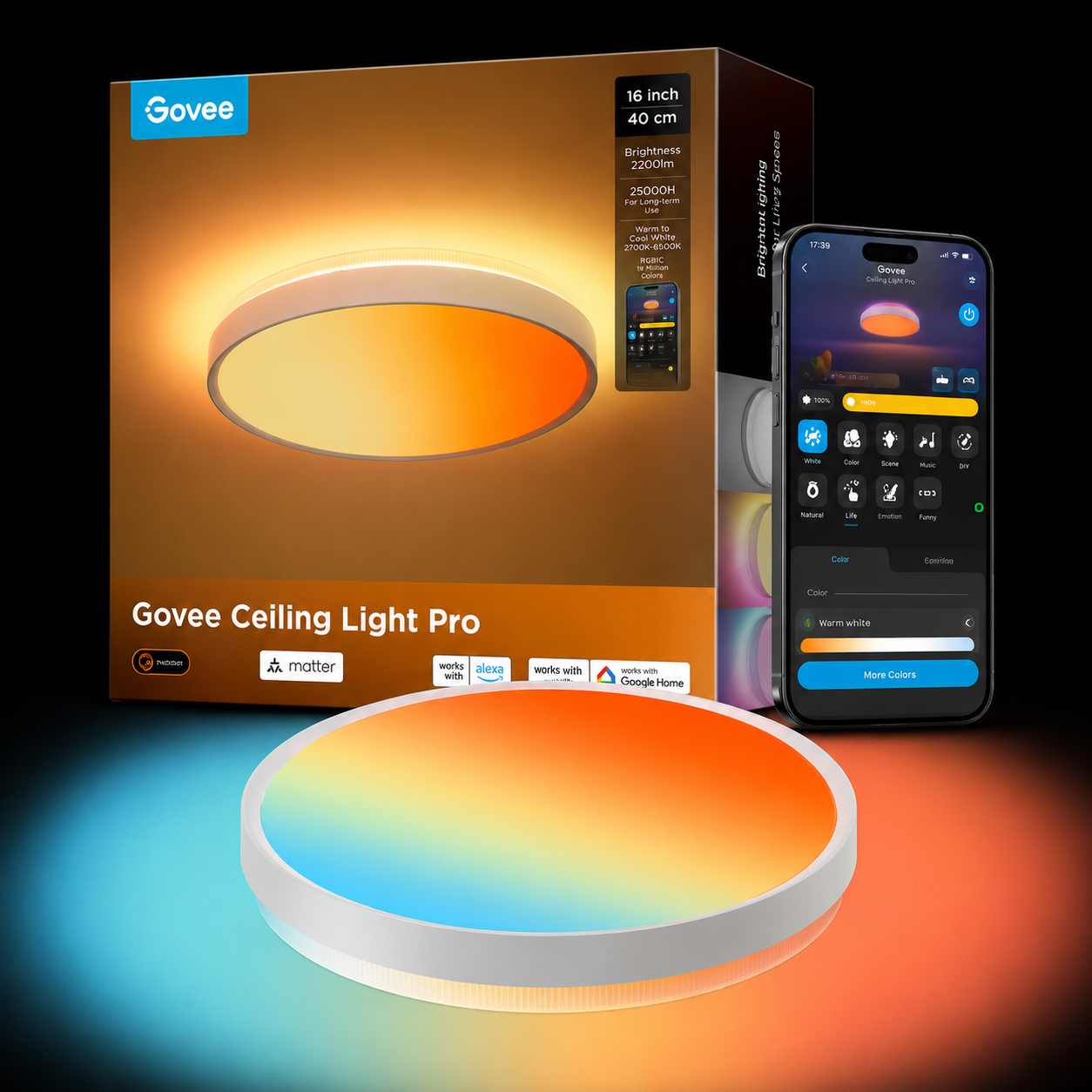 Govee 18-Inch Smart Ceiling Light Pro | RGBICWW LED Ceiling Light with Matter, Alexa, 4800 Lumens & 2700K–6500K