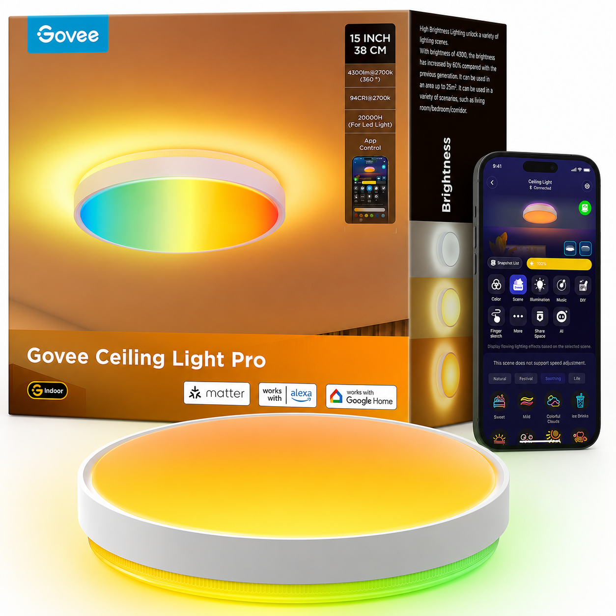 Govee Smart Ceiling Light 4300LM 15 Inch | RGBIC Wi-Fi LED Ceiling Light with Matter, Alexa, Google Assistant & Dimmable 2700K-6500K