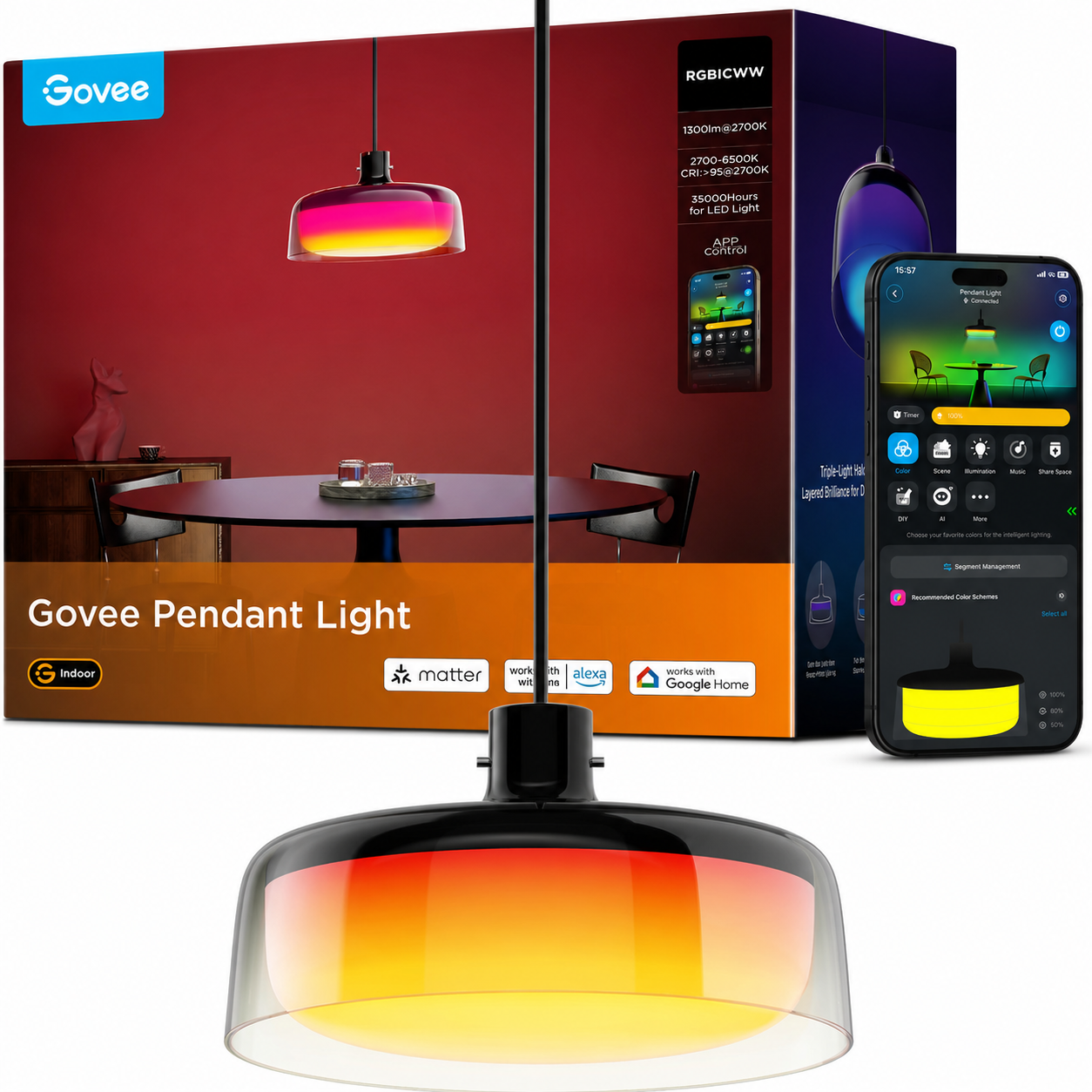 Govee Smart RGBIC Pendant Light for Kitchen Island | Matter Compatible LED Hanging Light, Alexa, Google Assistant, 1300LM Dimmable
