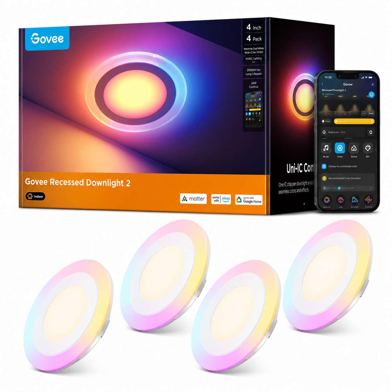 Govee Smart Recessed Lights Pro with Night Light | RGBWW LED Downlights with Matter, Alexa & Google Assistant