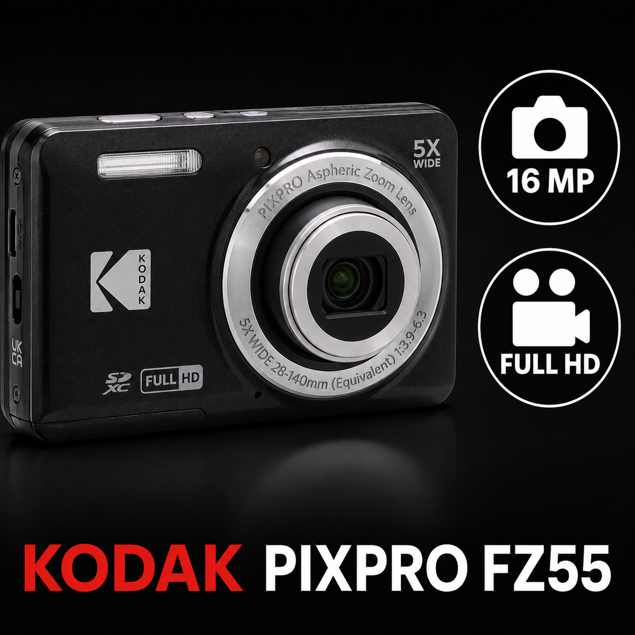 KODAK PIXPRO FZ55 BK Compact Digital Camera | 16MP, 5X Optical Zoom, Full HD 1080p Vlogging Camera